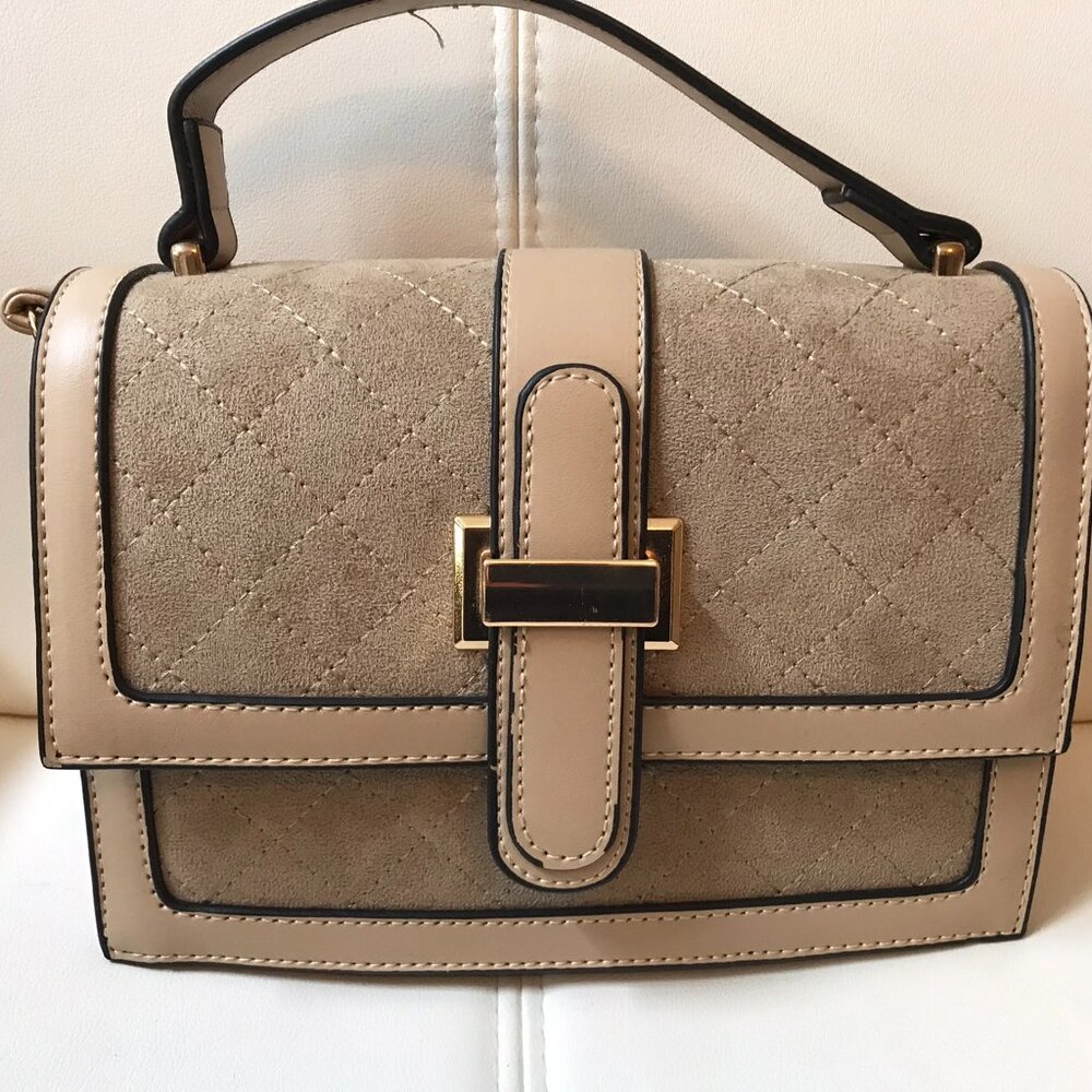 Beige Quilted Faux Suede Crossbody Satchel Purse Gold Hardware Top Handle